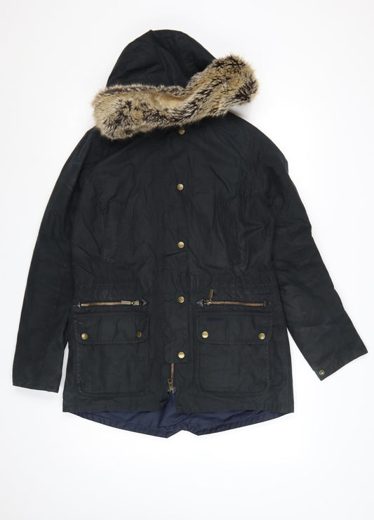 Barbour Women's Black Waxed Parka Coat Size 10 Fur Trim Hood