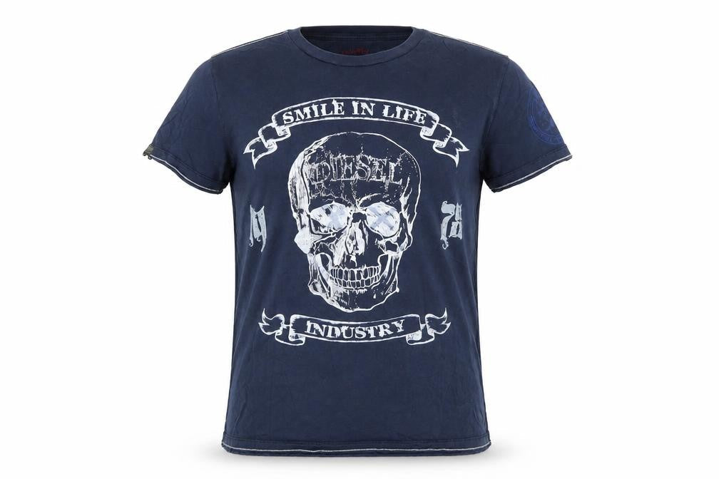 Diesel Women's Blue Graphic Skull T-Shirt L Cotton Casual Rock Style