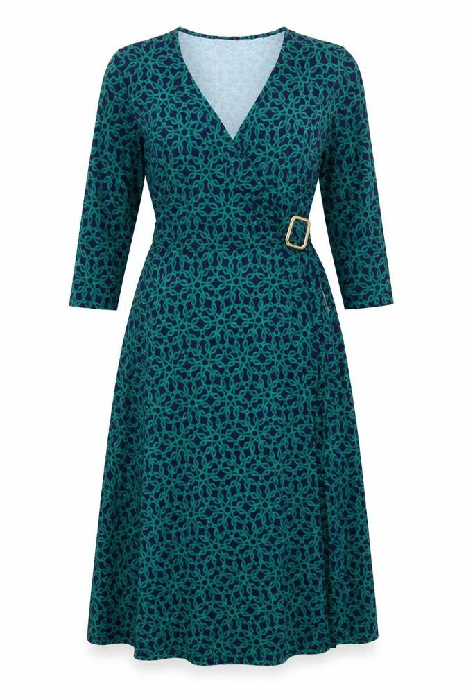 Wallis Women Green Geometric Midi Wrap Dress Size 14 Viscose Stretch
