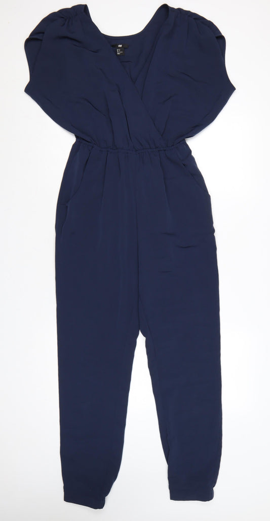 H&M Women’s Blue Tapered V-Neck Short Sleeve Jumpsuit Size 6