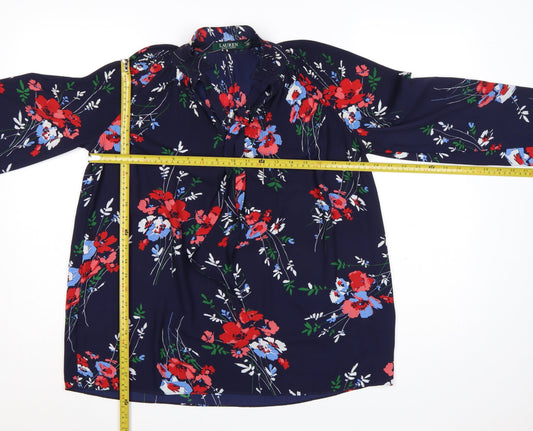Ralph Lauren Women Blue Floral Ruffle Long Sleeve Blouse XS