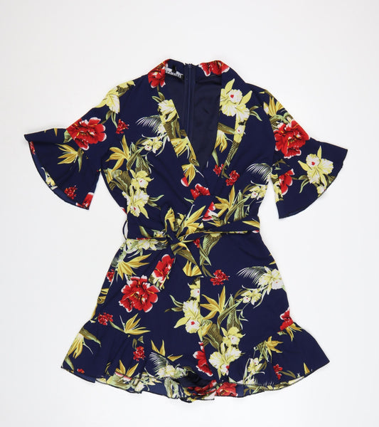 Parisian Women’s Navy Floral Wrap Playsuit UK 10 Short Sleeve Belted Summer Outfit