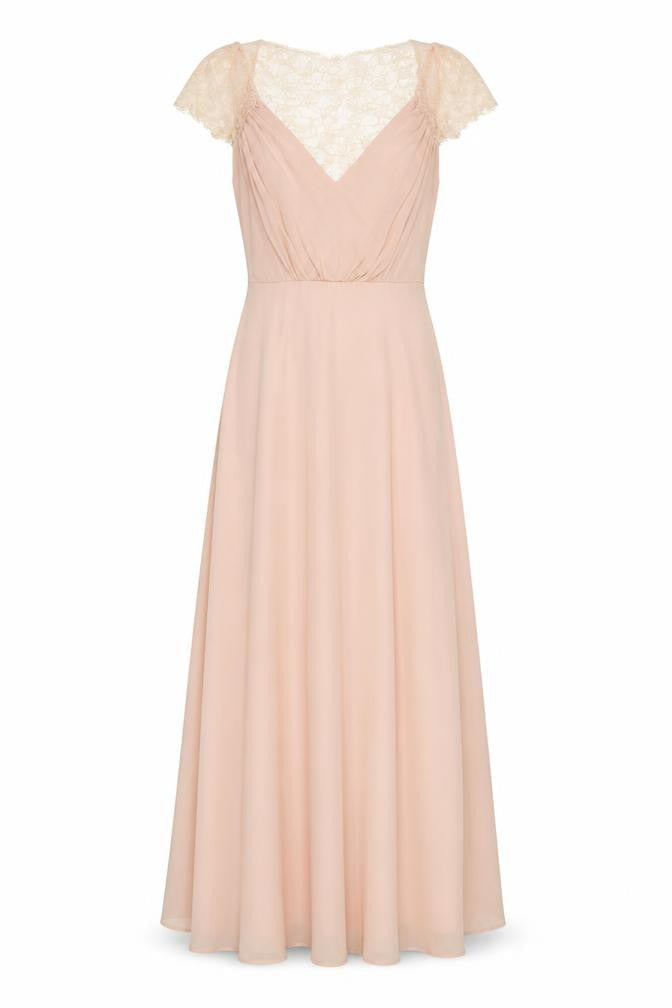 Front view of ASOS Women’s Beige Lace Maxi Dress UK 8 V-Neck Short Sleeve