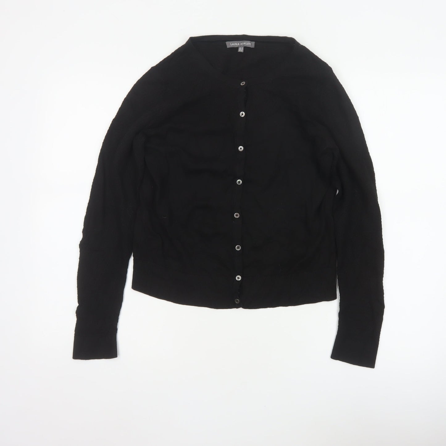 Laura Ashley Women Black UK 10 V-Neck Cotton Silk Knit Cardigan