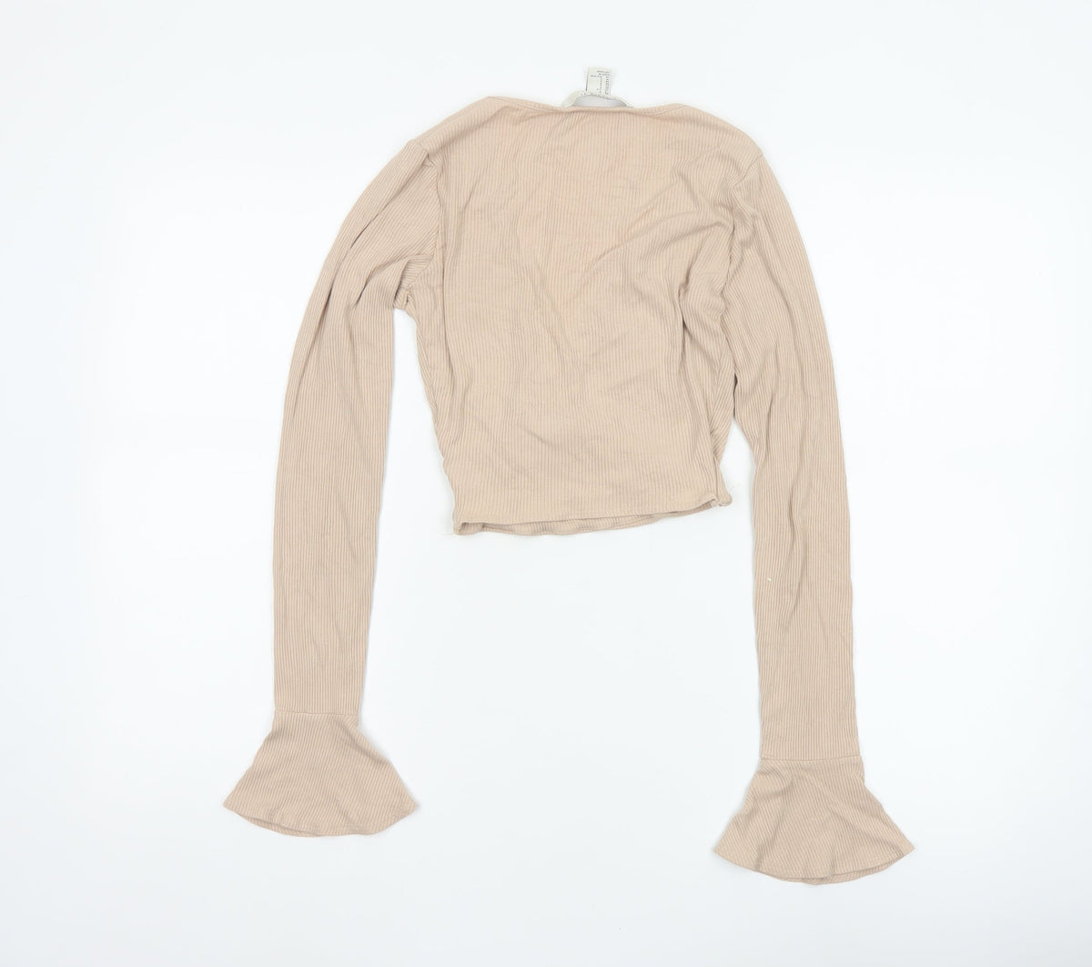 Forever 21 Women Beige UK 8 Ribbed Wrap Cropped Flared Sleeve Blouse