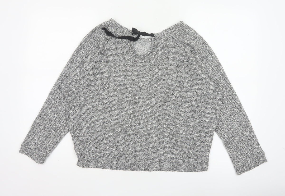 River Island Women Grey Size 10 Knit Tie Back Long Sleeve Basic Top