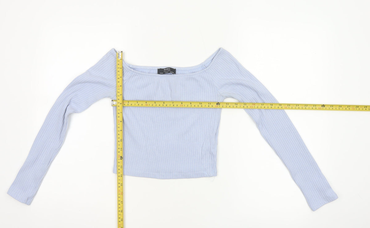 Bershka Women Blue S Off Shoulder Ribbed Cropped Long Sleeve Top