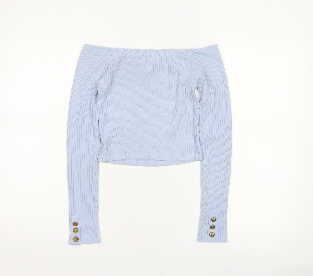 Bershka Women Blue S Off Shoulder Ribbed Cropped Long Sleeve Top