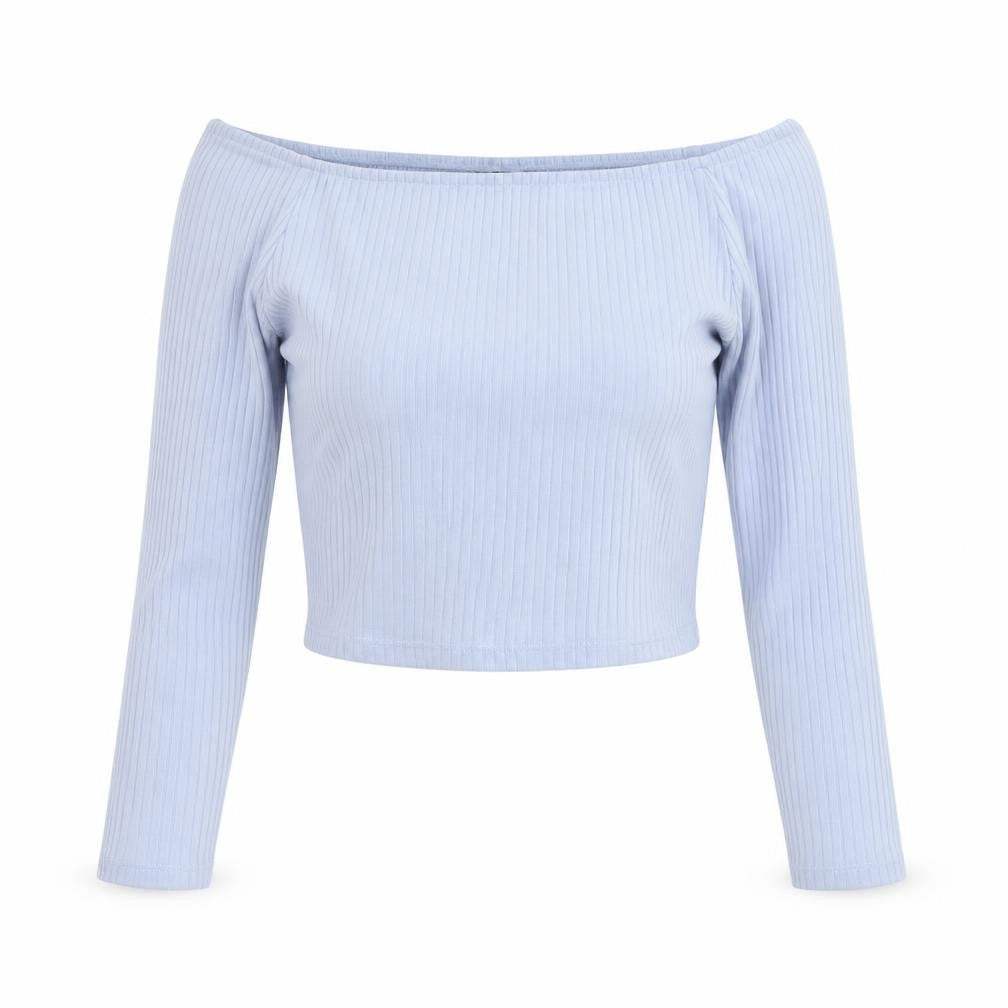 Bershka Women Blue S Off Shoulder Ribbed Cropped Long Sleeve Top
