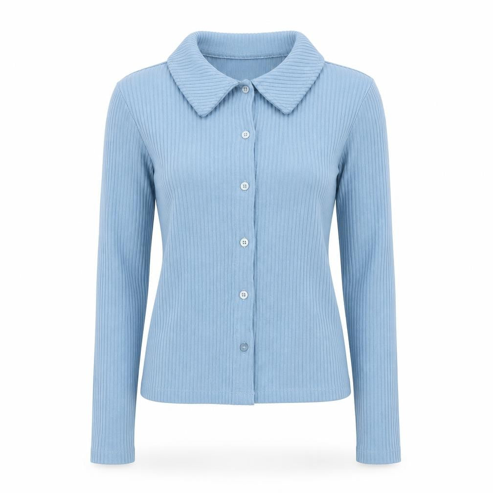 ASOS Design Women Blue S Ribbed Collared Button-Up Long Sleeve Top
