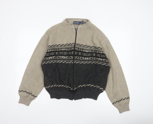 Puritan Men's Beige Black S Fair Isle Full Zip Knit Jumper