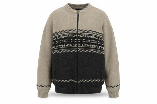 Puritan Men's Beige Black S Fair Isle Full Zip Knit Jumper