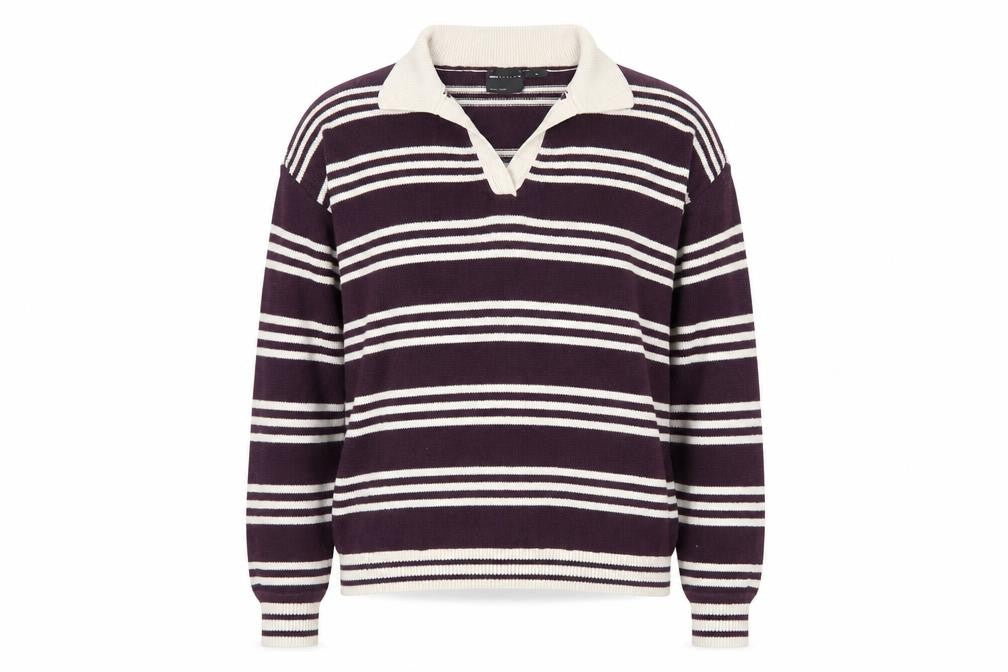 Front view of ASOS Design Women Purple Ivory Striped Collared Knit Jumper UK 12-14 M