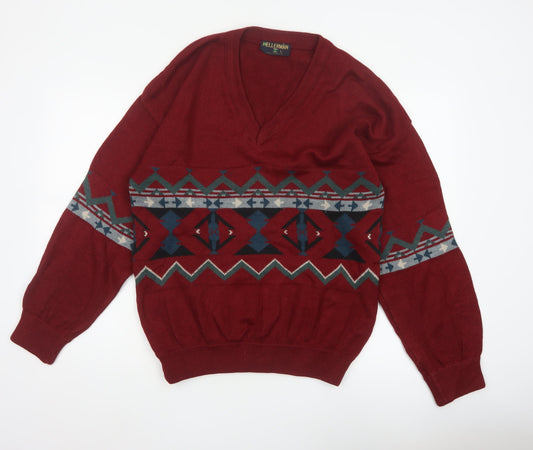 Kellerman Men’s Red L Aztec Geometric V-Neck Wool Blend Jumper