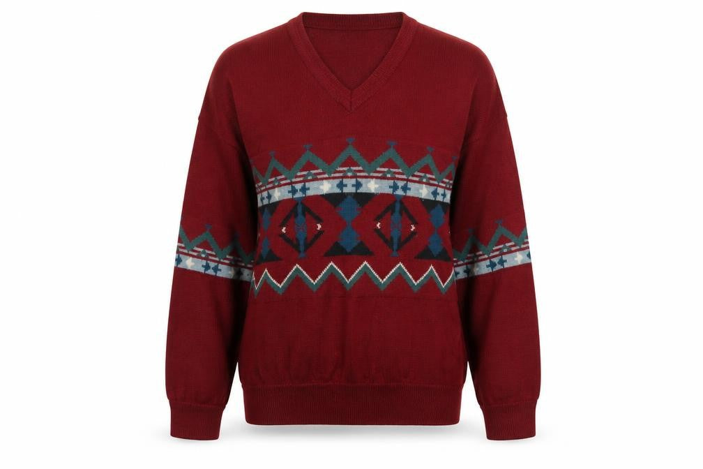 Kellerman Men’s Red L Aztec Geometric V-Neck Wool Blend Jumper