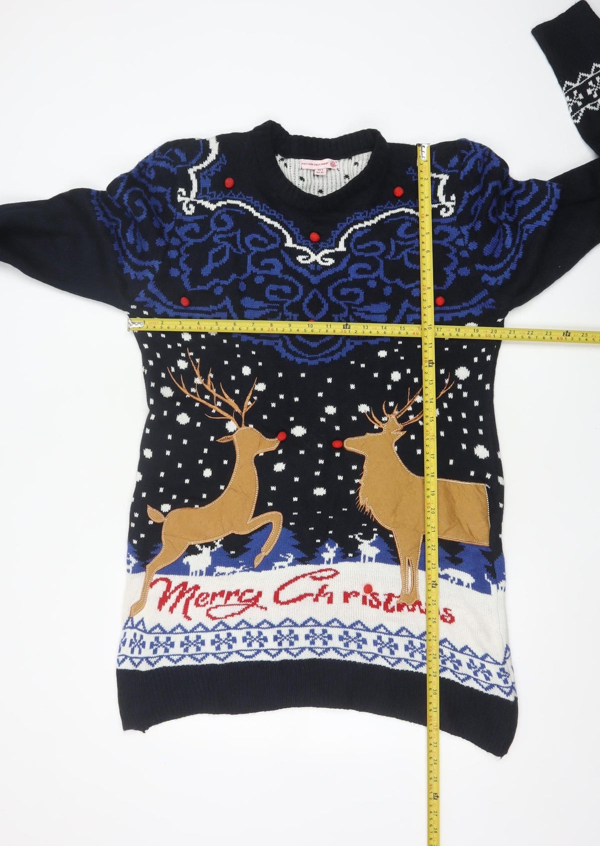 Brand and care label for You Look Ugly Today Men's Black XL Christmas Reindeer Knit Pullover