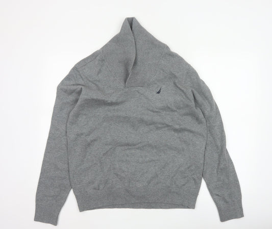 Nautica Men’s Grey M Cotton Shawl Collar Logo Pullover Jumper