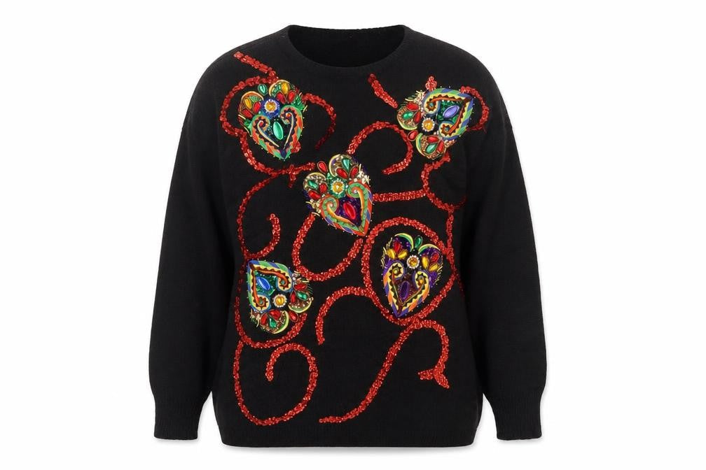 Joyce Women’s Black XL Vintage Sequin Beaded Crew Neck Jumper