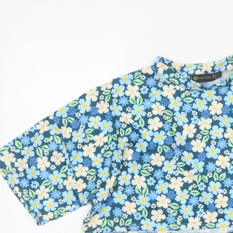 I Saw It First Women’s Blue Floral Cropped Jersey T-Shirt UK 12