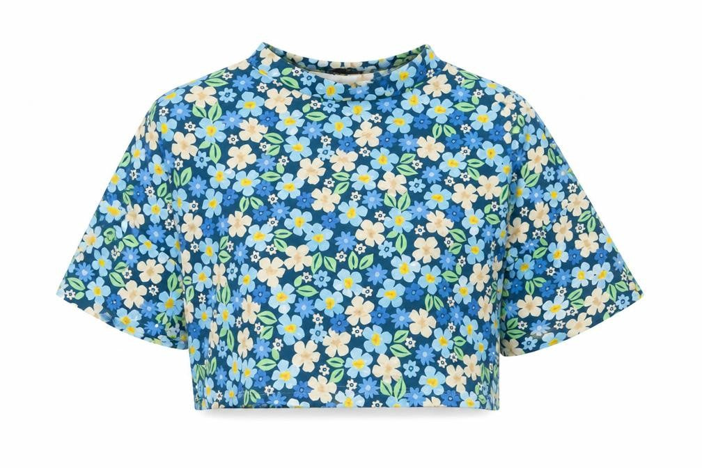 I Saw It First Women’s Blue Floral Cropped Jersey T-Shirt UK 12