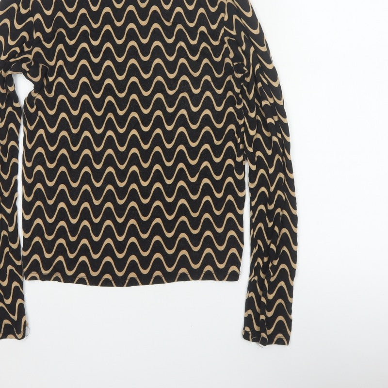 Stradivarius Women Black Geometric Cropped High Neck Long Sleeve Top L