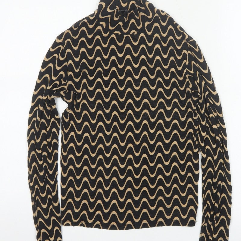 Stradivarius Women Black Geometric Cropped High Neck Long Sleeve Top L