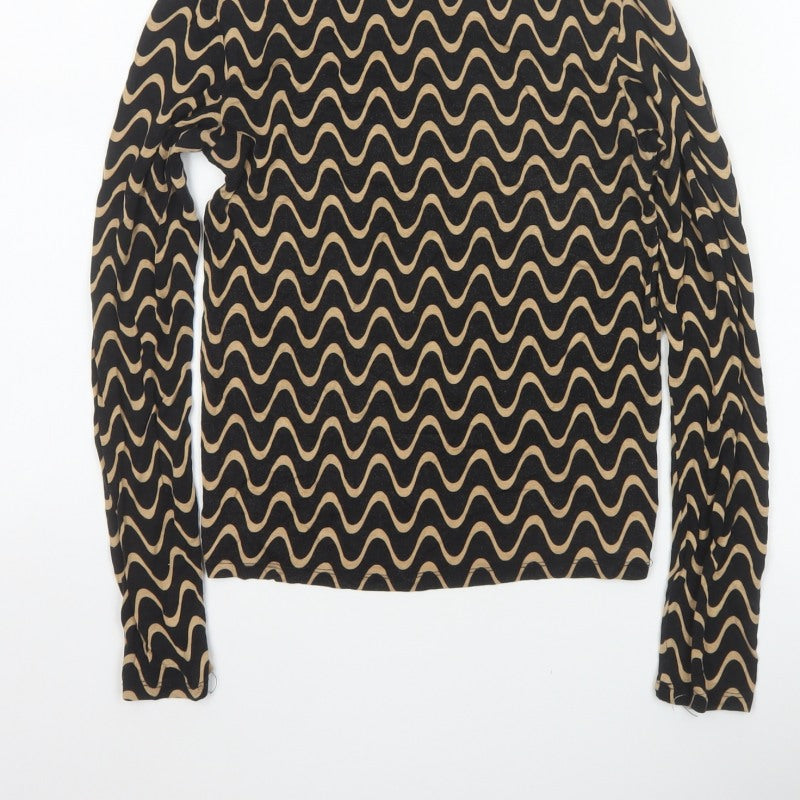 Stradivarius Women Black Geometric Cropped High Neck Long Sleeve Top L