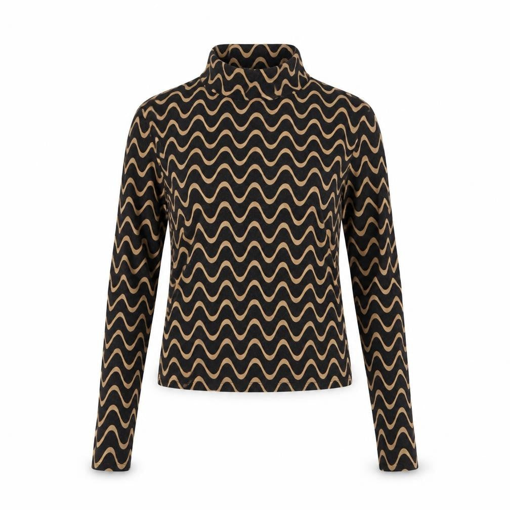 Stradivarius Women Black Geometric Cropped High Neck Long Sleeve Top L