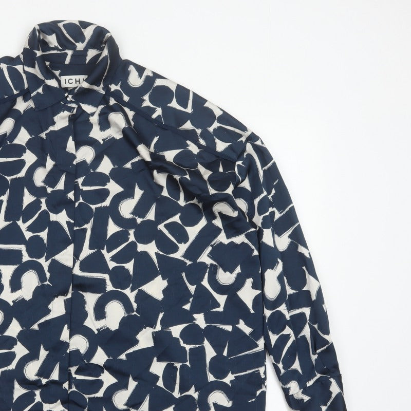 ICHI Women’s Blue Geometric Print Long Sleeve Tunic Blouse Size L