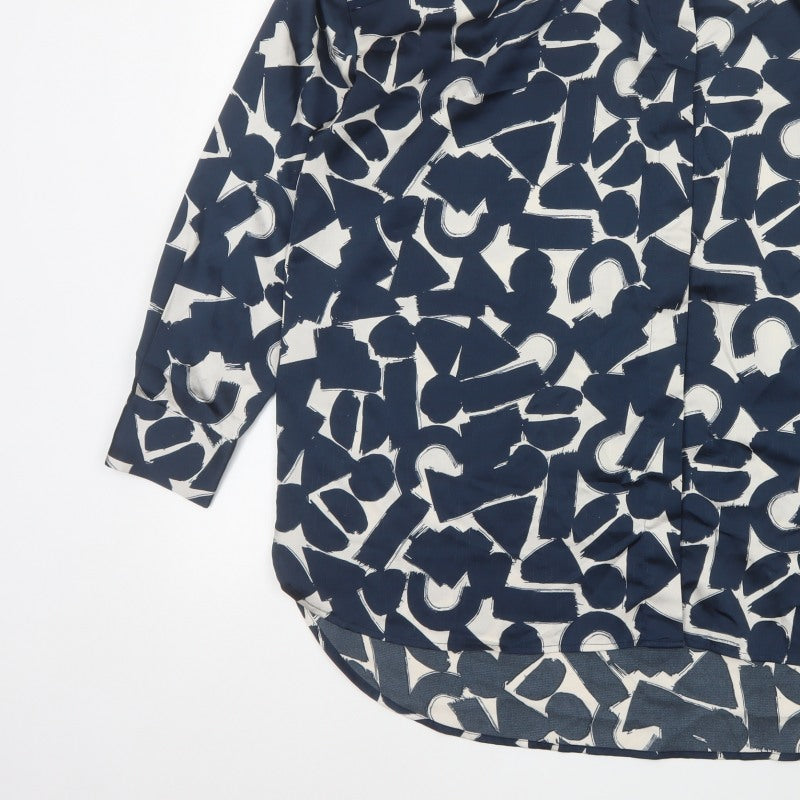 ICHI Women’s Blue Geometric Print Long Sleeve Tunic Blouse Size L