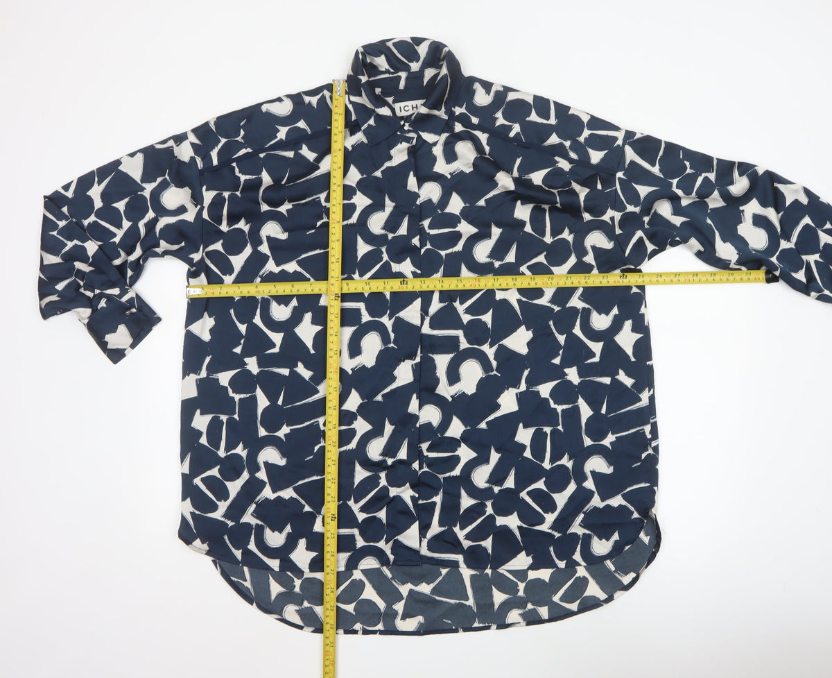 ICHI Women’s Blue Geometric Print Long Sleeve Tunic Blouse Size L
