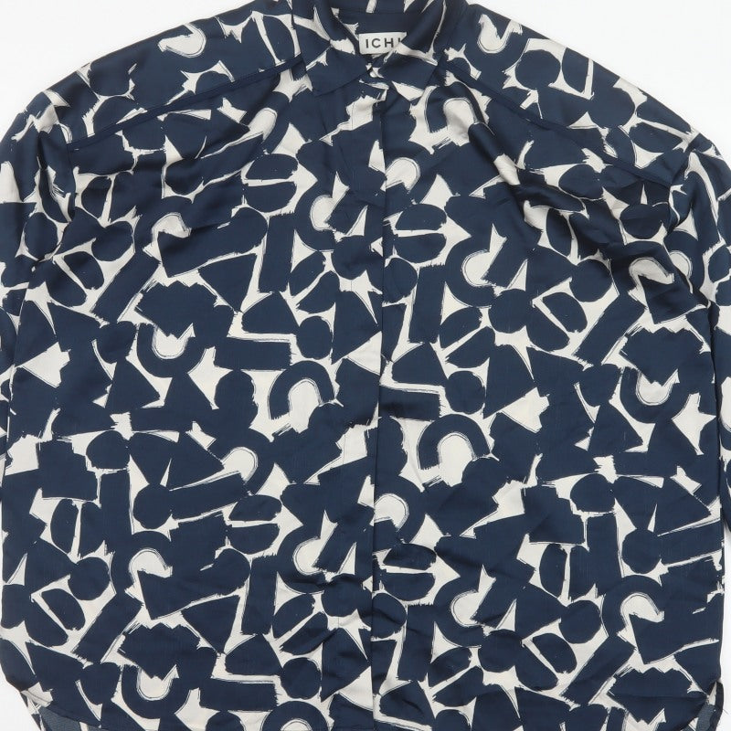 ICHI Women’s Blue Geometric Print Long Sleeve Tunic Blouse Size L