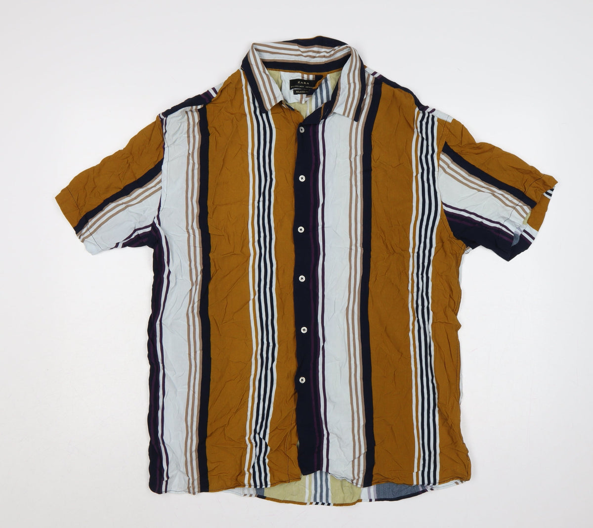 Back view of Zara Men Multicoloured Striped Relaxed Fit Short Sleeve Button-Up Shirt XL
