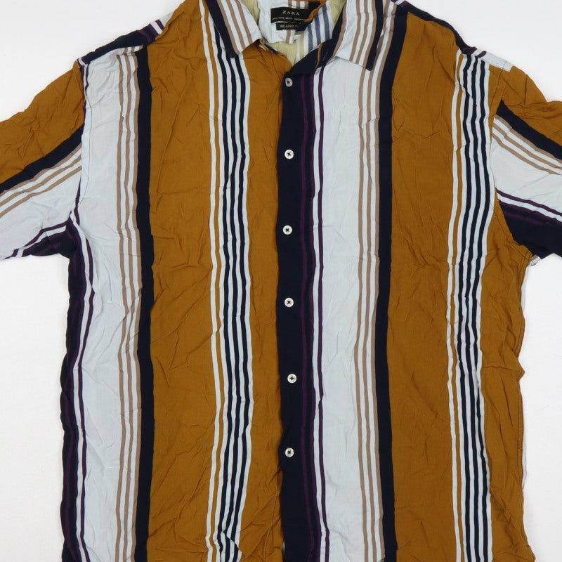 Additional view of Zara Men Multicoloured Striped Relaxed Fit Short Sleeve Button-Up Shirt XL