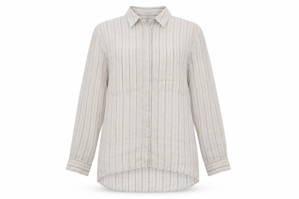 Jigsaw Women Beige Striped Silk Cashmere Tunic Button-Up Shirt UK 12