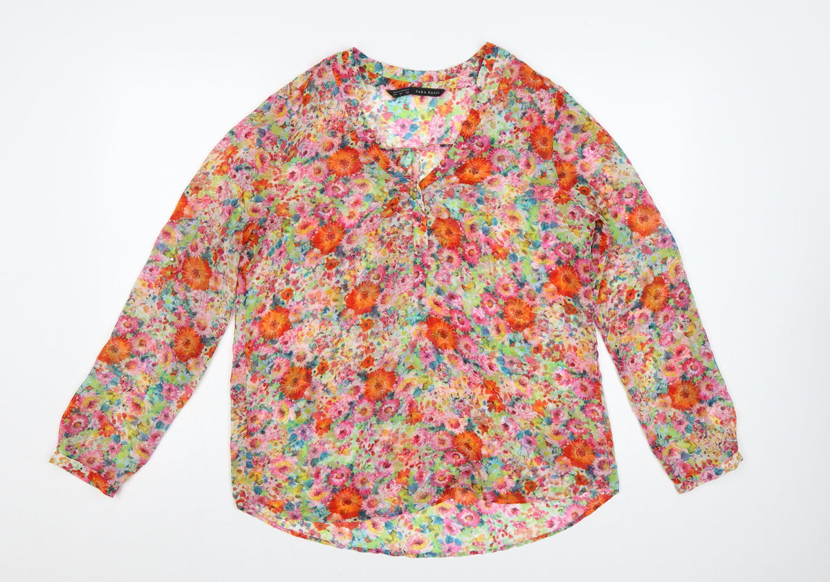 Zara Basic Women Multicoloured L Floral Sheer Long Sleeve Blouse
