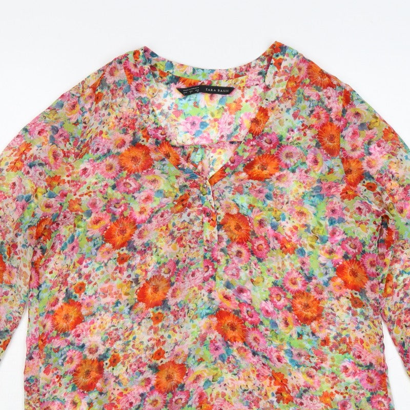 Zara Basic Women Multicoloured L Floral Sheer Long Sleeve Blouse