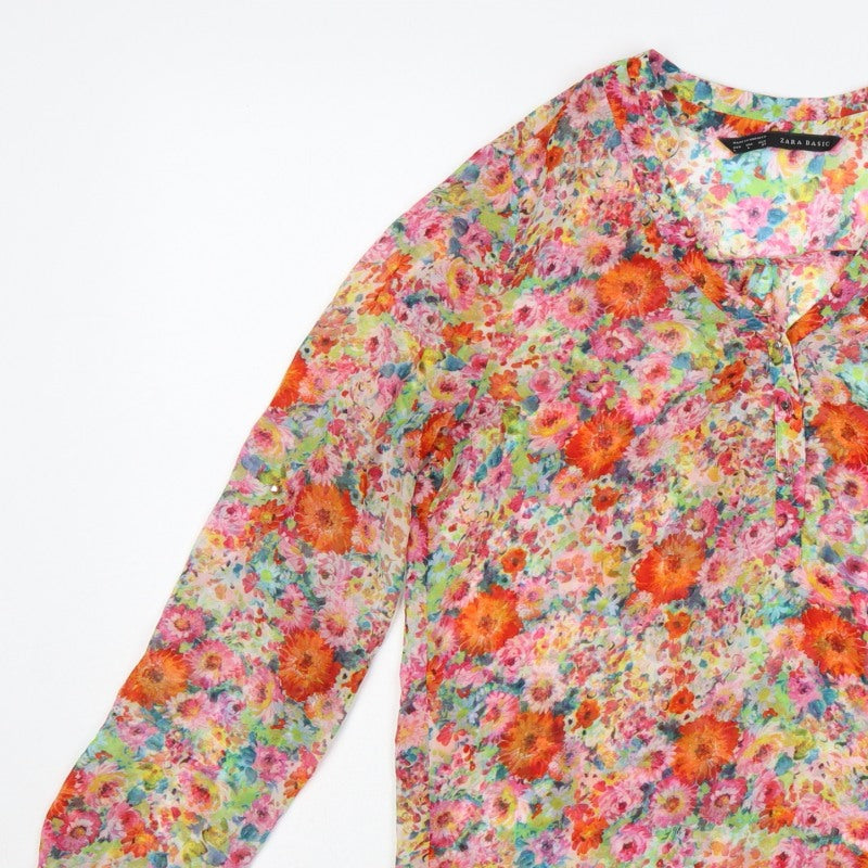 Zara Basic Women Multicoloured L Floral Sheer Long Sleeve Blouse
