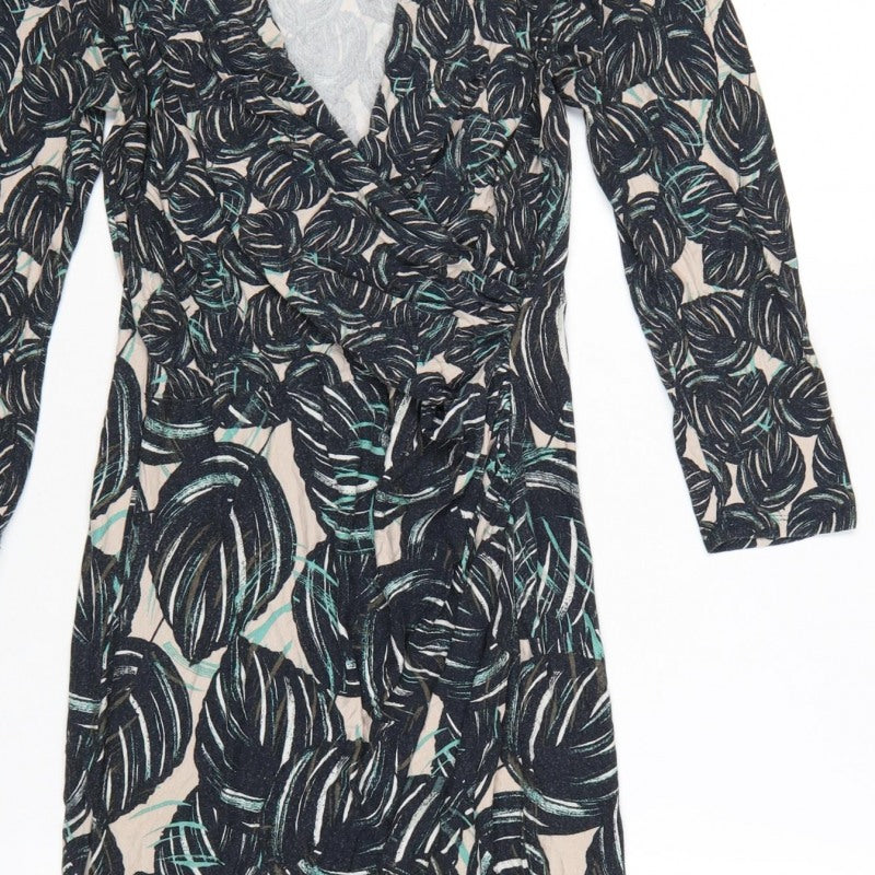 Phase Eight Women Black Tropical Wrap Dress Size 12 Knee Length