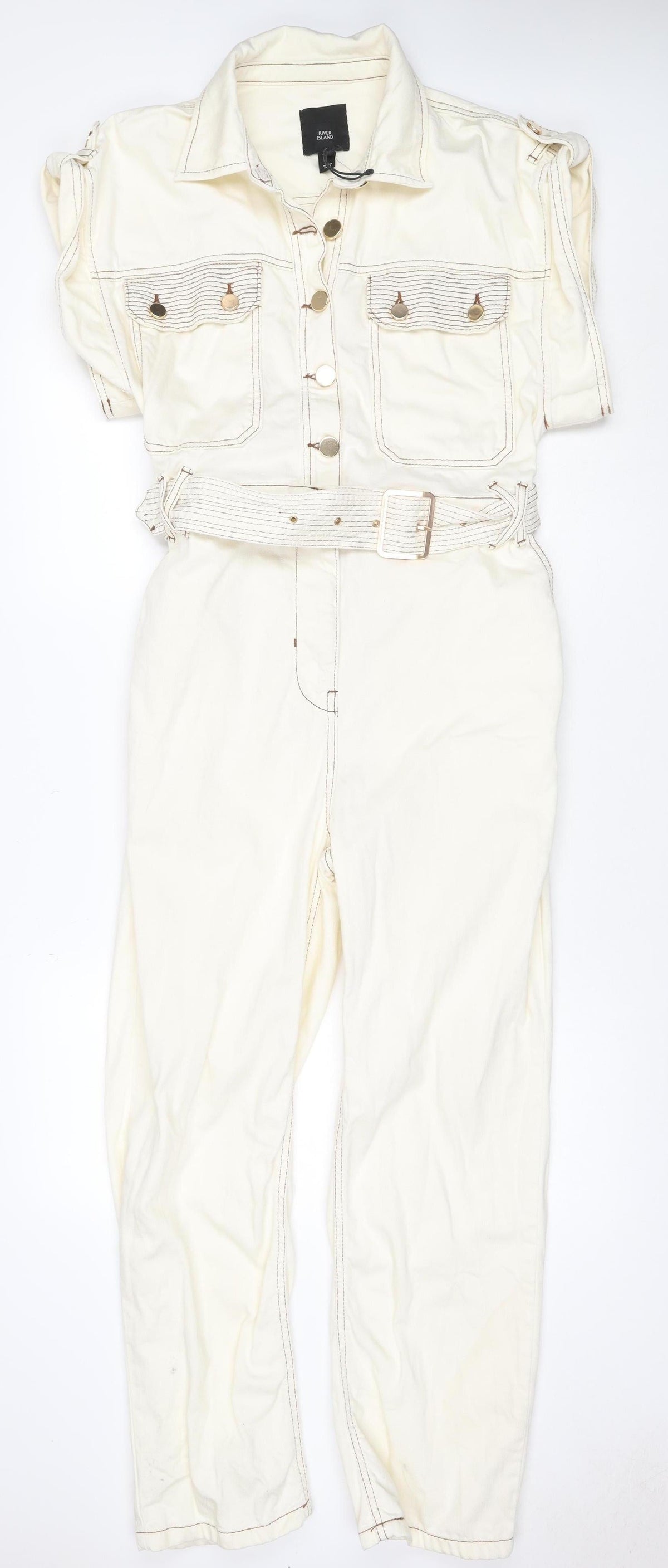 River Island Women Ivory UK 14 Utility Belted Long Sleeve Jumpsuit