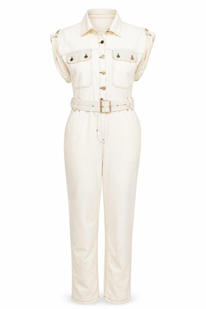 River Island Women Ivory UK 14 Utility Belted Long Sleeve Jumpsuit