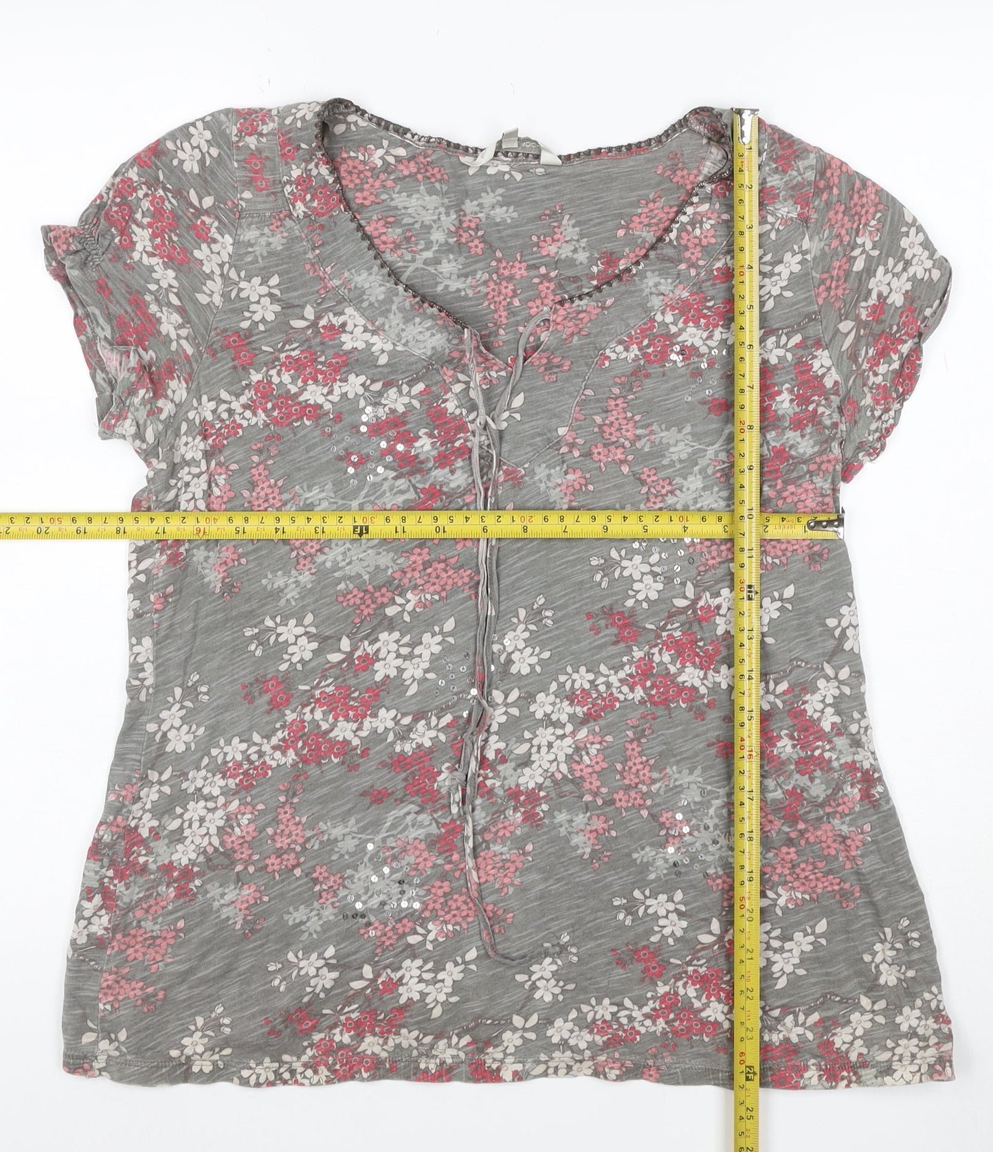 John Rocha Women Grey Floral Sequin Tie V-Neck Cap Sleeve Blouse Size 14