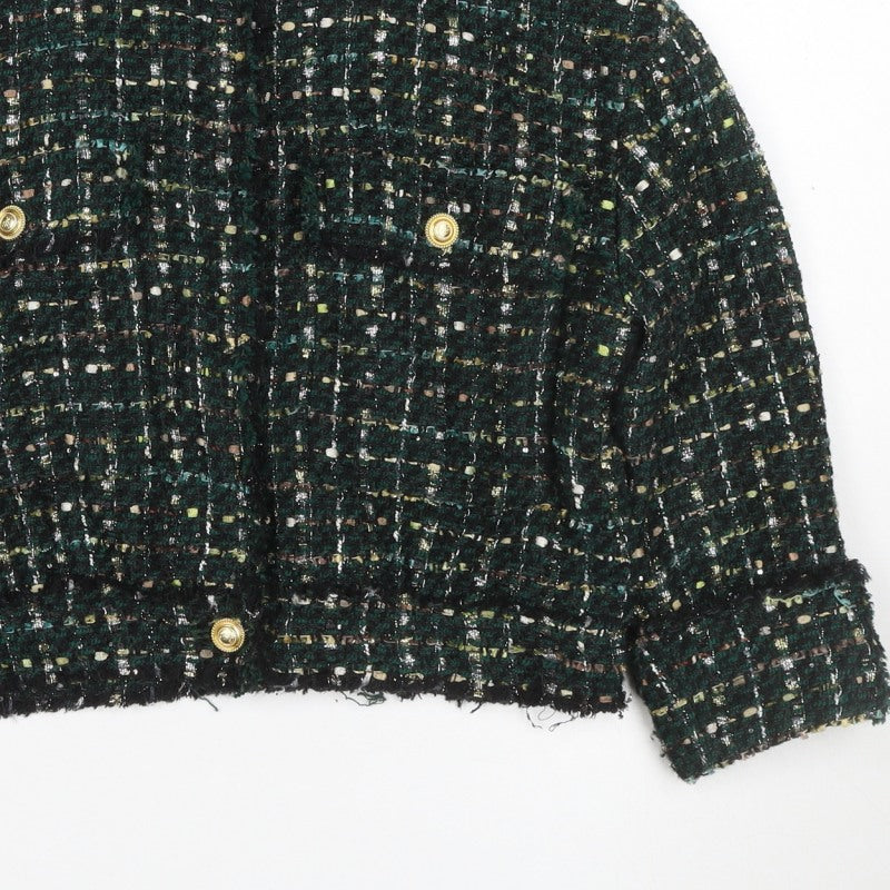 Zara Women Green S Bouclé Check Gold Button Double-Breasted Jacket