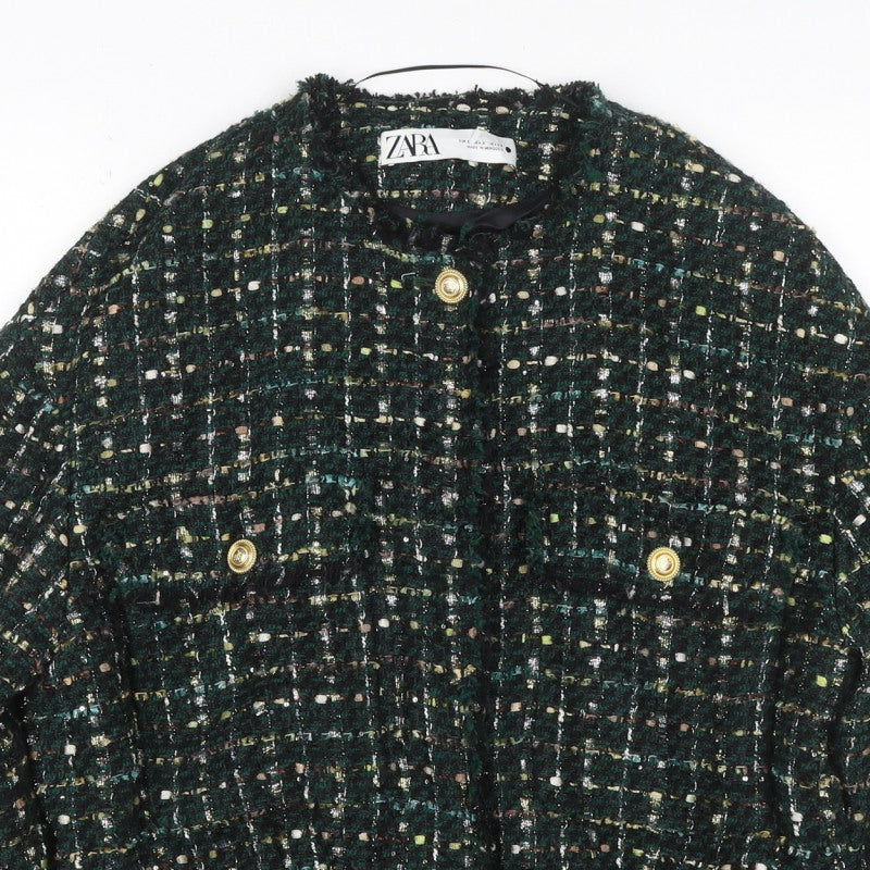 Zara Women Green S Bouclé Check Gold Button Double-Breasted Jacket