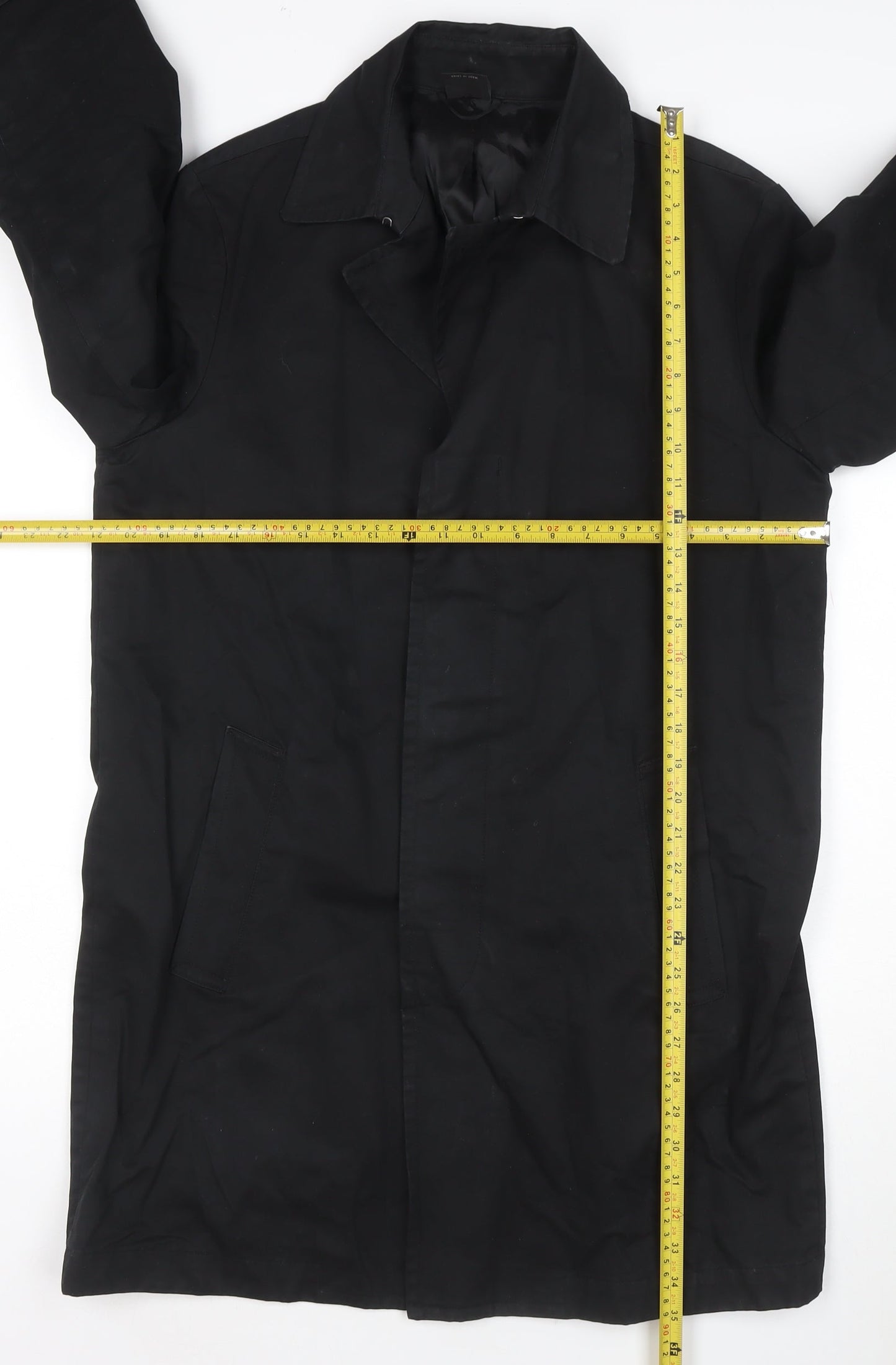 GAP Men Black M Long Trench Coat Cotton Lined Hidden Button