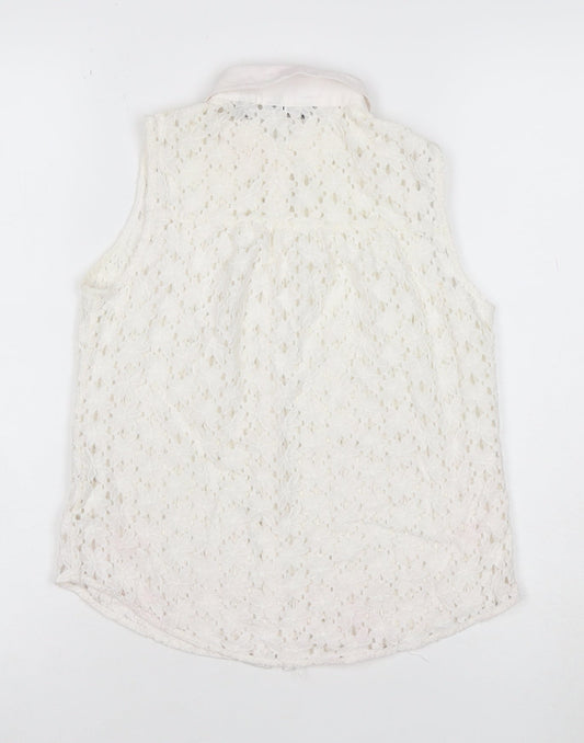 Jack Wills Women Ivory UK 6 Sleeveless Lace Floral Collared Button Blouse