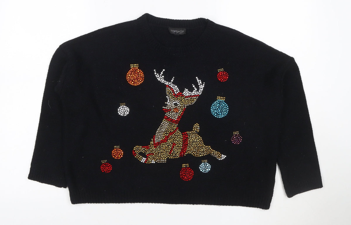 Topshop Women’s Black UK 4 Reindeer Rhinestone Christmas Jumper