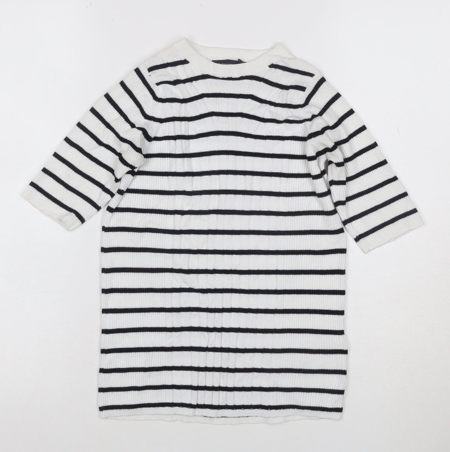 M&S Collection Women White Black Striped Rib Knit 3/4 Sleeve Top S