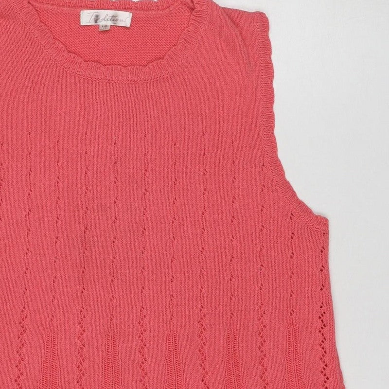 Tradition Women Pink L Pointelle Knit Short Sleeve Basic Top