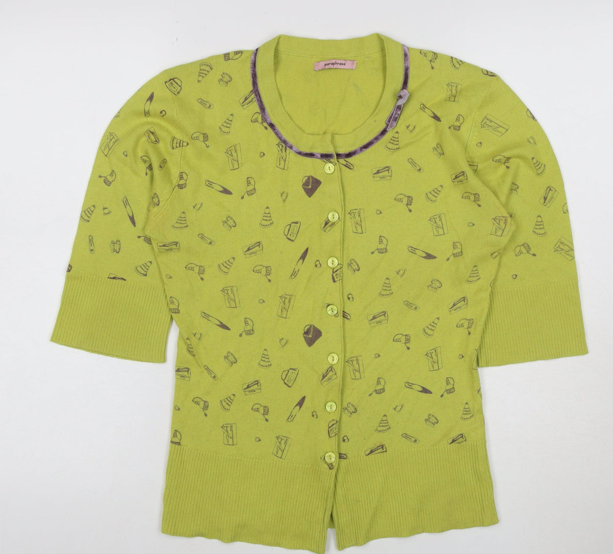Paraphrase Women’s Green Silk Cashmere XL Short Sleeve Print Cardigan